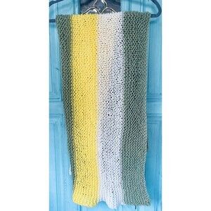 White Green Yellow Crocheted Afghan 62 X 23 For Baby, Gifting, Boho, Retro
